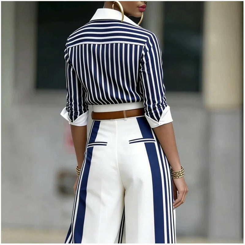 Spring Autumn Fashion Printed Striped Long Sleeve Shirt Women Suit.
