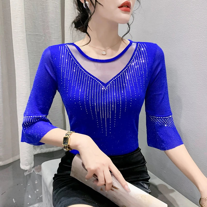Summer Women Tops New Korean Fashion Diamond Mesh T Shirt V-neck.