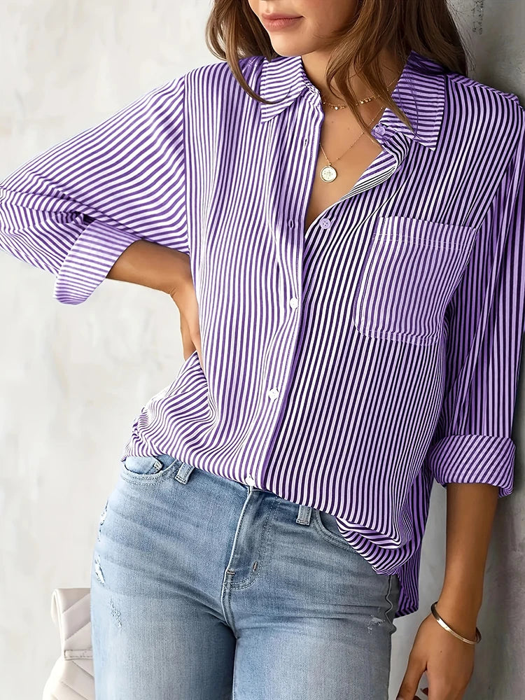 Women Long Sleeve Striped Loose Shirt Office Lady Elegant Turn Down.