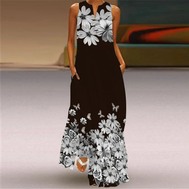 3D Floral Printed Dress Summer Vintage V-neck Sleeveless Loose Maxi Dress Elegant.