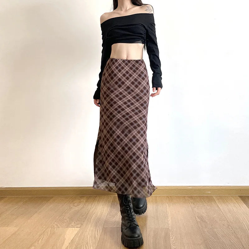 Women Spring Autumn Plaid Print Wrap Hips Skirts Fashion Ankle-Length Sexy.