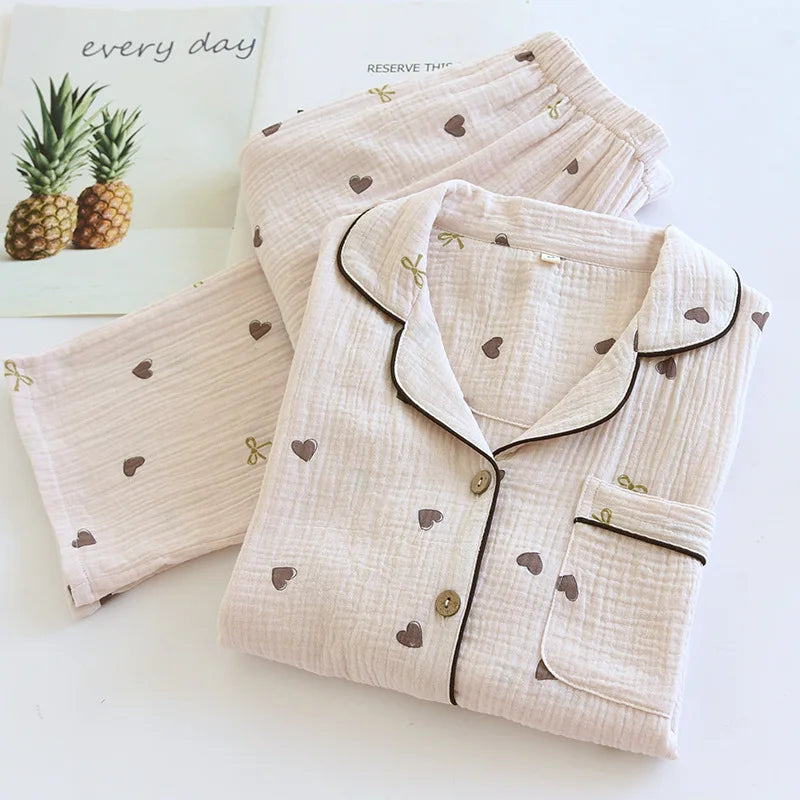 Women's Pajama SetCotton Crepe Cute Love Long Sleeve Long Pants.