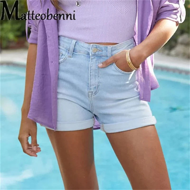 Summer Stretch Midriff Button Splice Denim Shorts Women Comfortable.