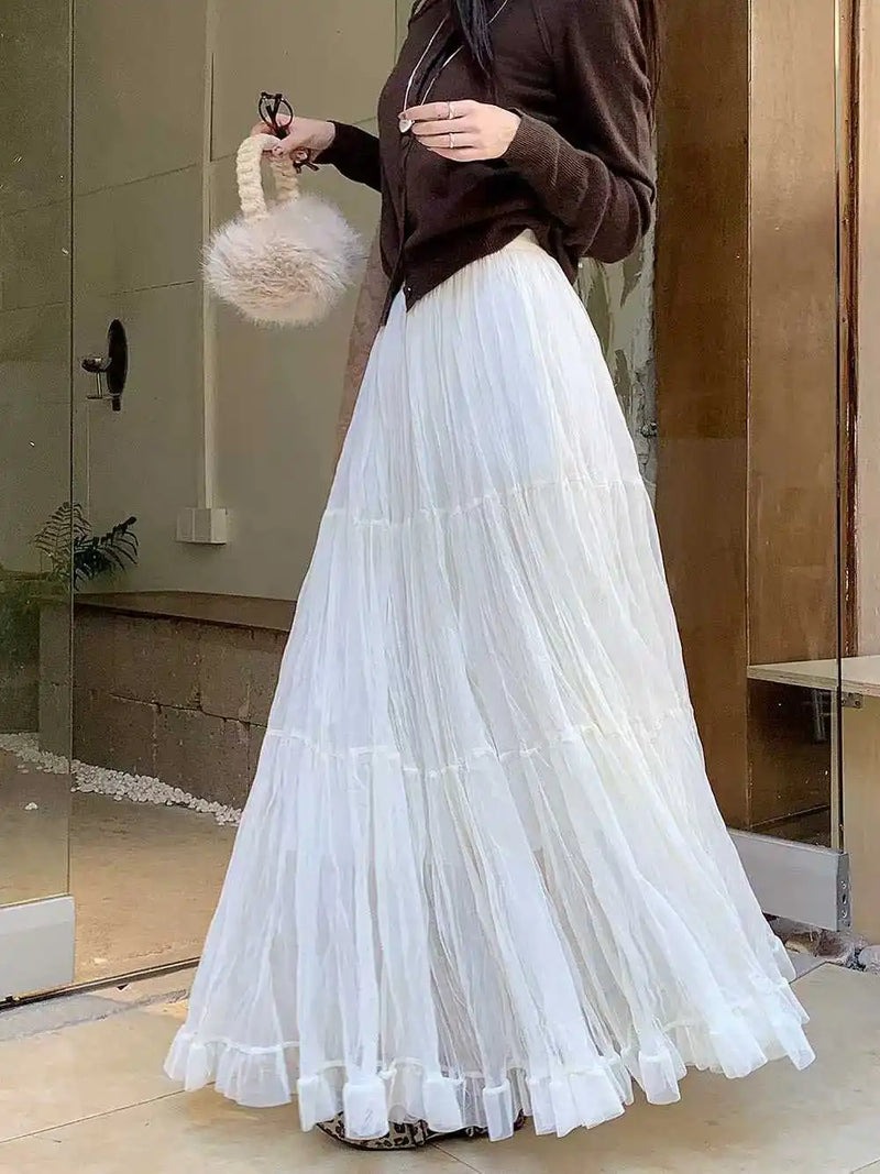 Elegant Pleated Skirt for Women with Elastic Waist Slim Fit A-Line Long.