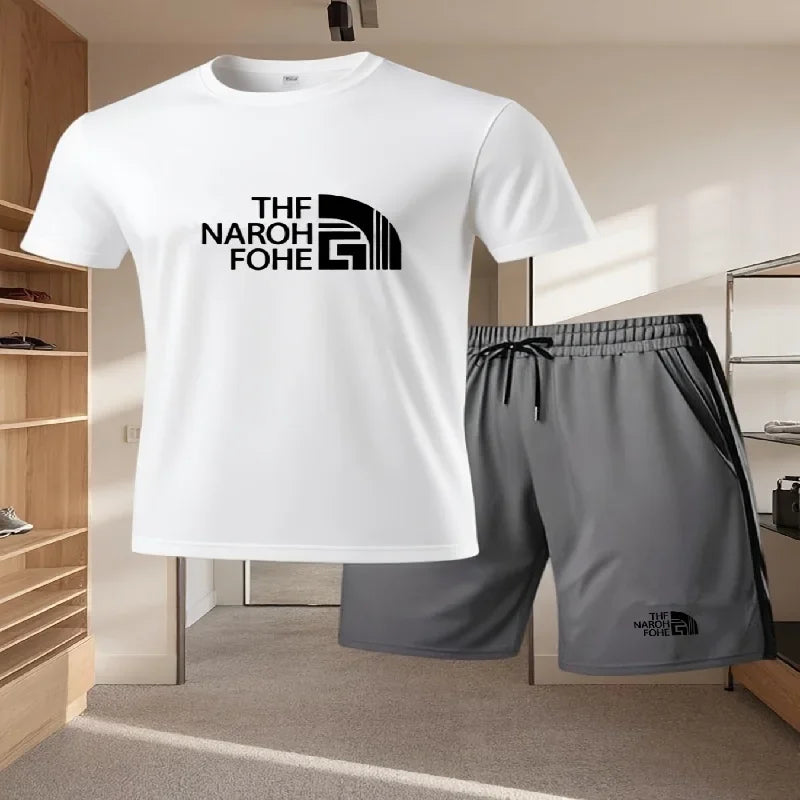 Fashionable Summer Casual Short Sleeved T-shirt and Shorts Set Round Neck.