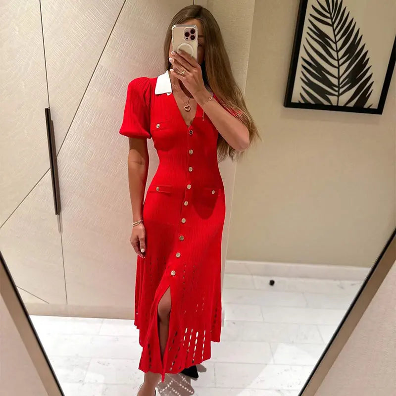 Contrast Single Breasted Knitted Dress For Women.
