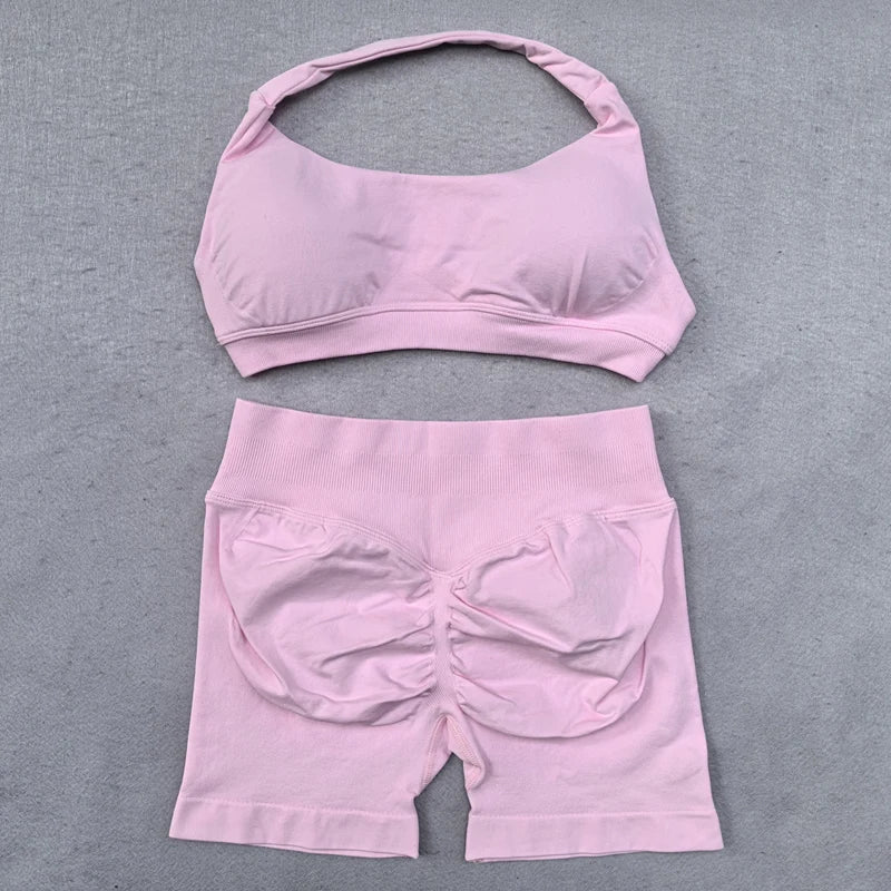 Shorts Set 2 Pieces Seamless Yoga Set Workout Tracksuit Women Halter Sport.