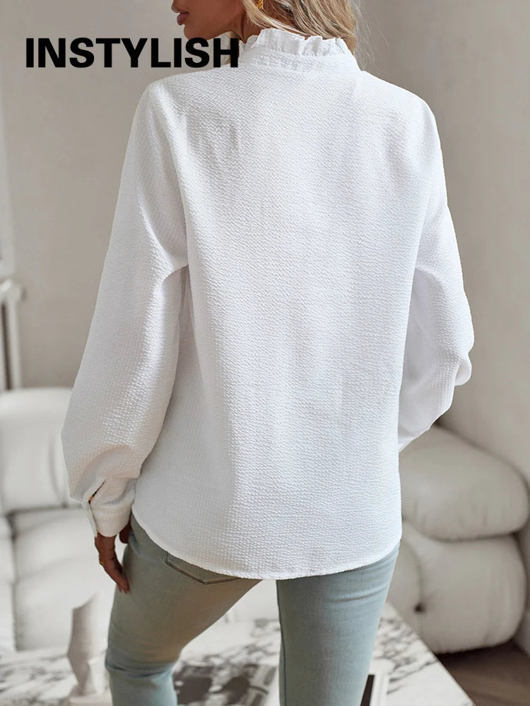 Women's Shirt Elegant Long Sleeve Ruched Stand Neck Office Lady Blouse.