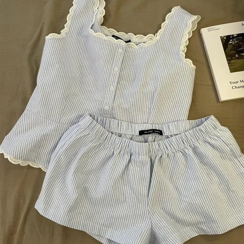 Striped Women Pajamas Summer Sleepwear Sleeveless Shorts Sets 2 Pieces.