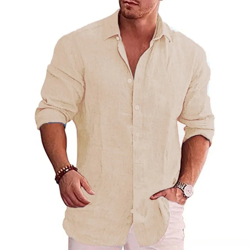 Cotton Linen Autumn Hot Selling Men's Long Sleeve Shirt Solid Color.