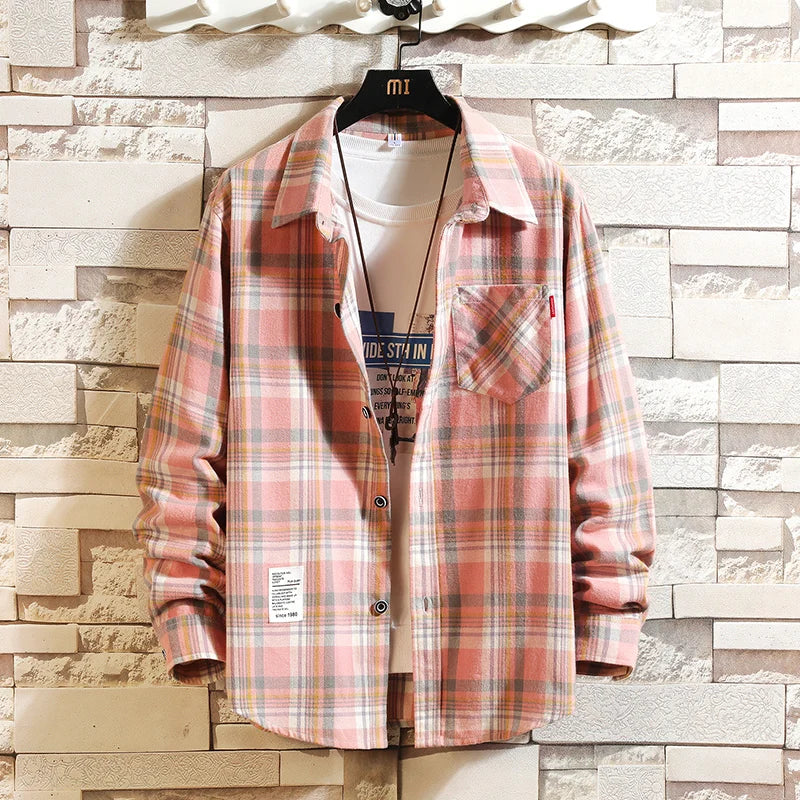 Summer Men's Plaid Shirt Button Pocket Casual Fashion Elegant Long sleeve.