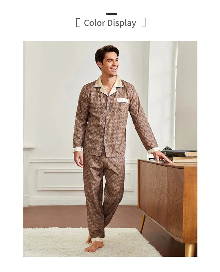 High Quality Pajamas Set Men Spring Autumn Thin Polyester Ice Silk Long-sleeved Sleepwear.