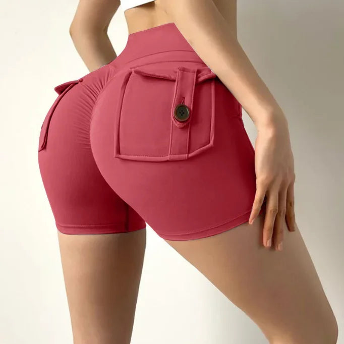 Fitness Exercise Three-Quarter Pants Cargo Air Dry Pocket Yoga Tight lift the hips Women's Shorts.