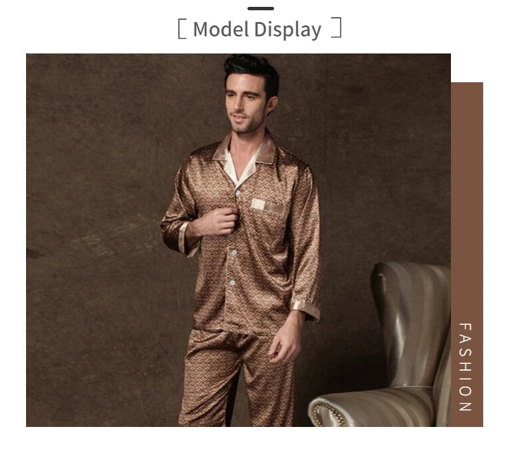 High Quality Pajamas Set Men Spring Autumn Thin Polyester Ice Silk Long-sleeved Sleepwear.