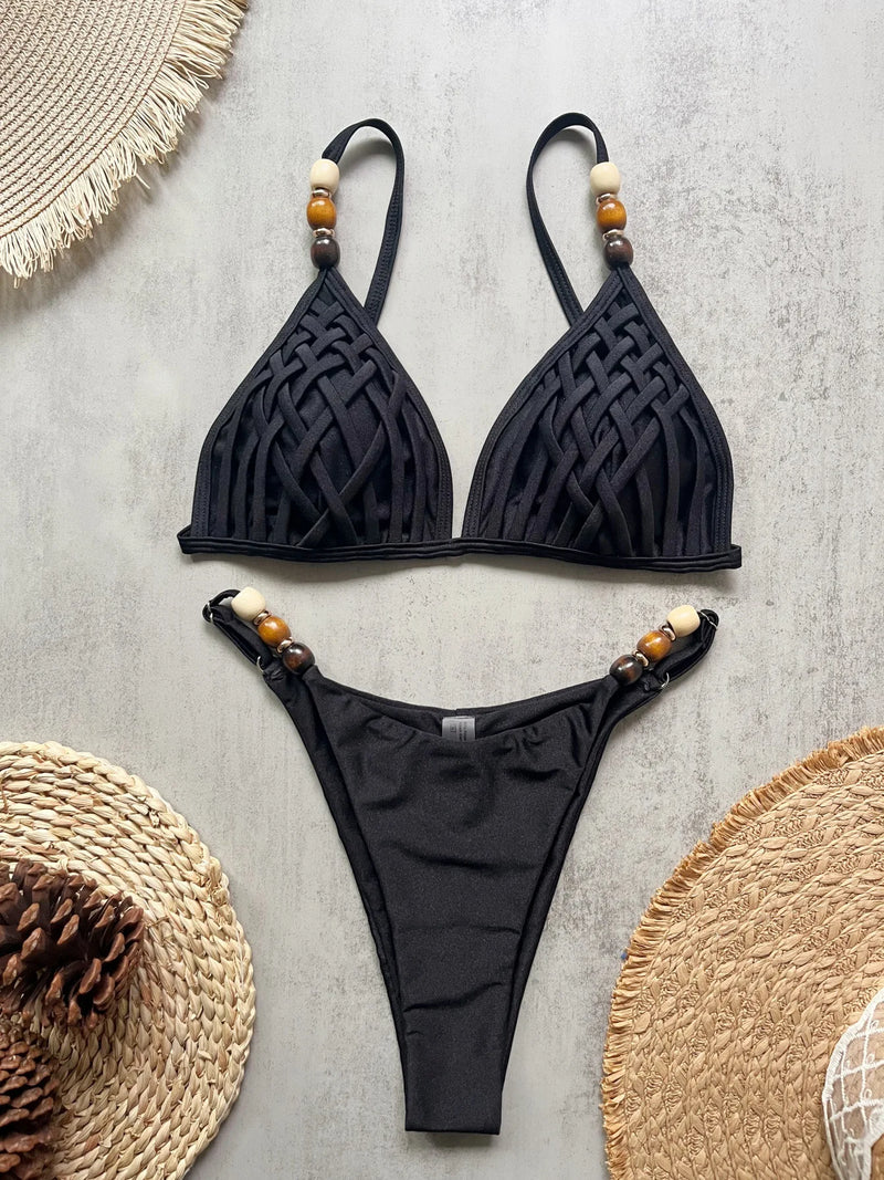 Sexy Brown Bikini Set Women Pearls Strap Hole Out Push Up Bra Thong.