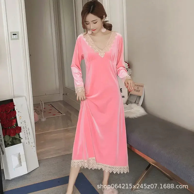 Sleep Dress Women Winter Long Sleeve Sexy Luxury Velvet Spring Autumn Winter.