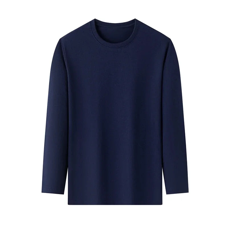 Men's Solid Color Round Neck Cotton Long Sleeved T-shirt.