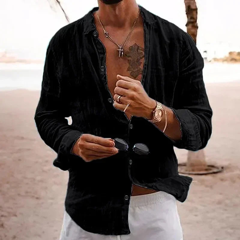 Men's Cotton Linen Shirts Top Simple Laple Solid  Man Shirts Tops Comfortable.