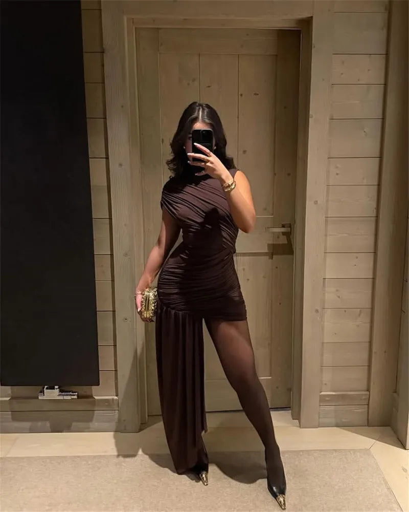 Mozision Irregular Draped Ruched Sexy Mini Dress For Women.