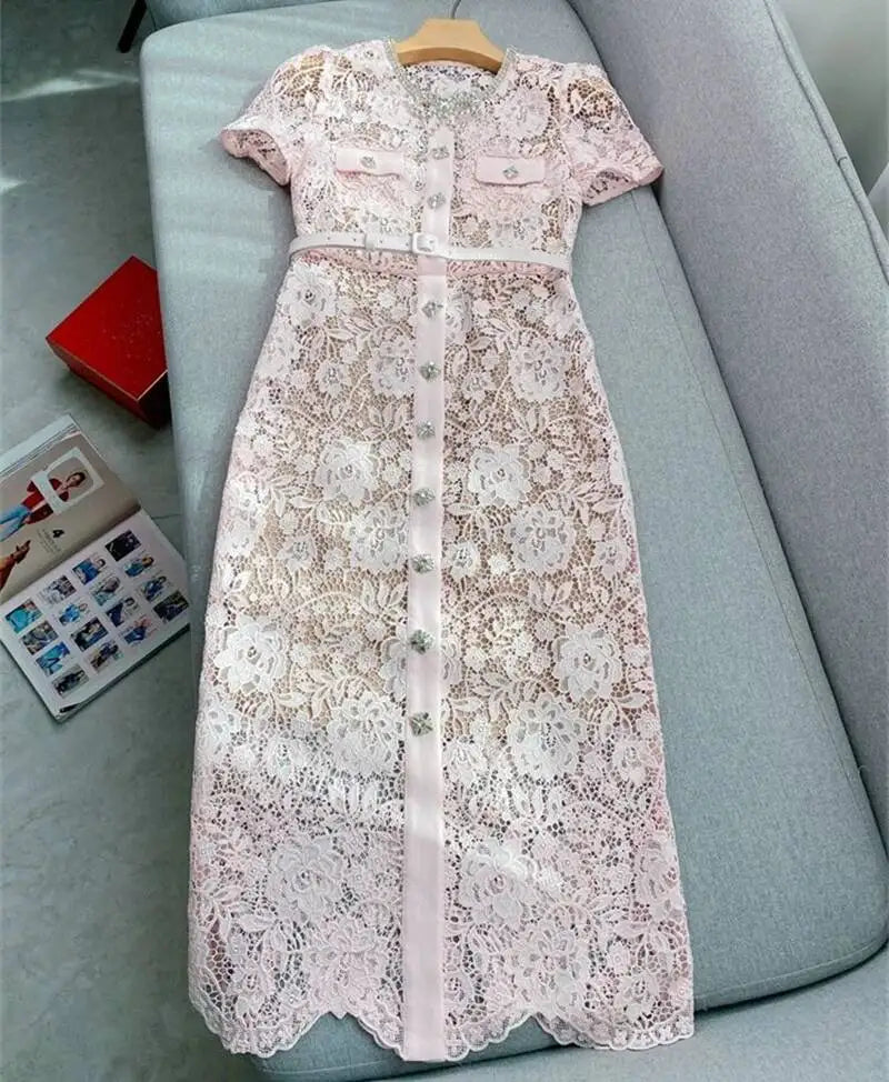 Women’s Lace Midi Dress Diamonds Bow Pink Floral Crystal Short Sleeve.