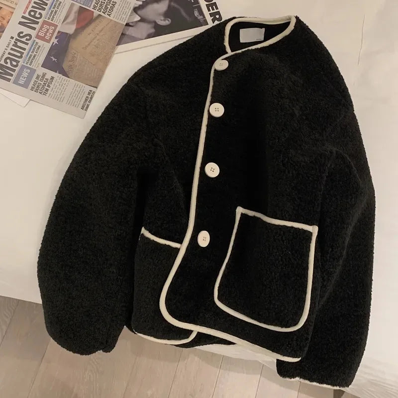 Khaki round Neck Lamb Fur Jacket Women's Loose Fit Short Size.