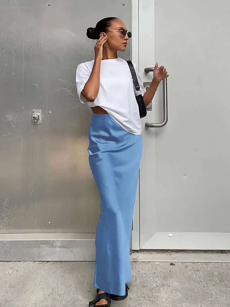 Elegant Satin Black Trumpet Skirts Fashion Slim High Waist Skirts Women.