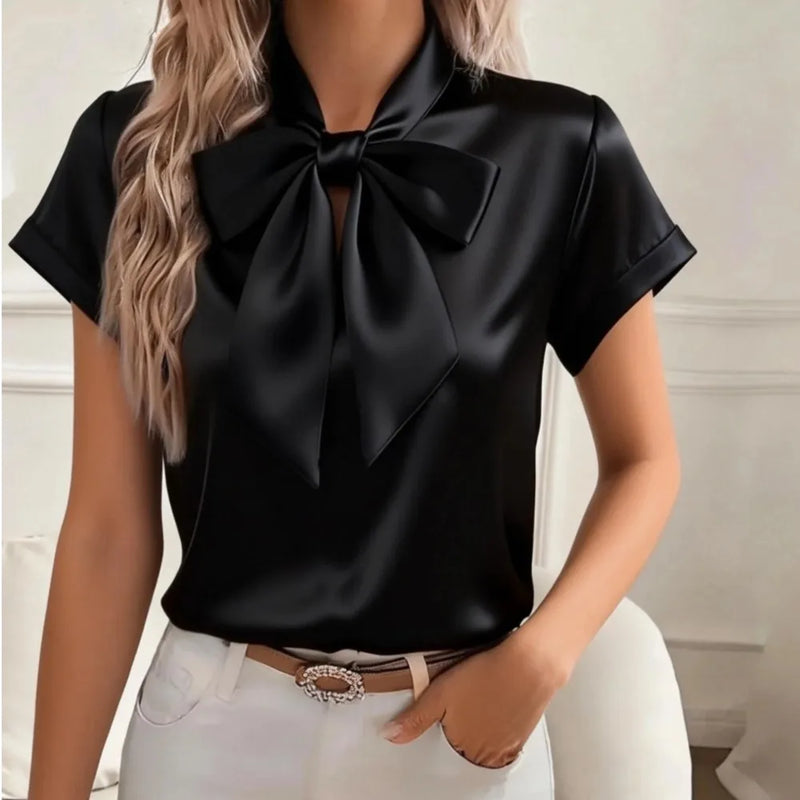 Women's Solid Satin Blouse Summer Fashion Bow Tie Lace Up Neck.