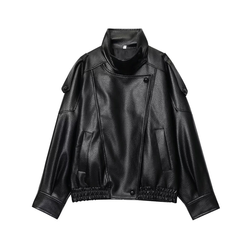 TFMLN Chic Black Faux Leather Jackets Women Long Sleeve Buttons Elastic.