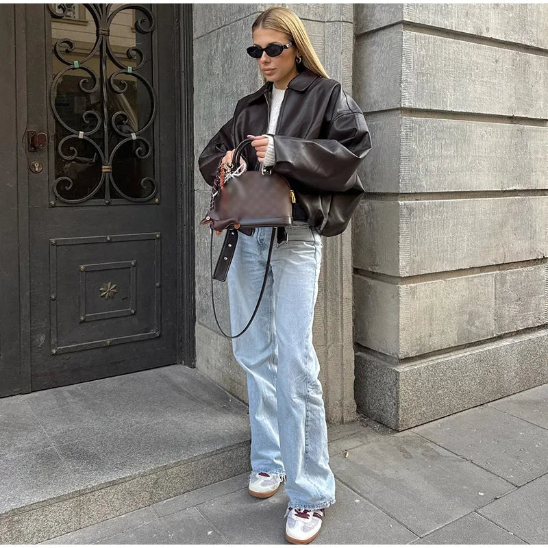 Vintage PU Leather Bomber Jackets Autumn Ladies Zipper Lapel Long Sleeve.