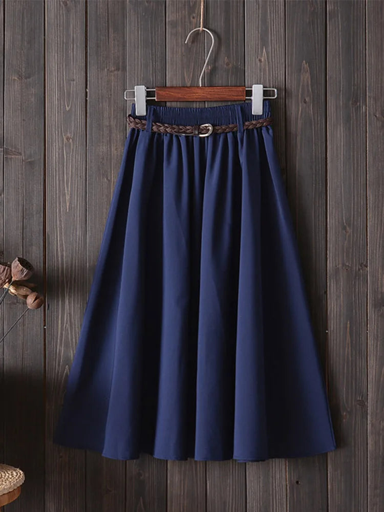 Midi Knee Length Summer Skirt Women With Belt Fashion Korean Ladies.