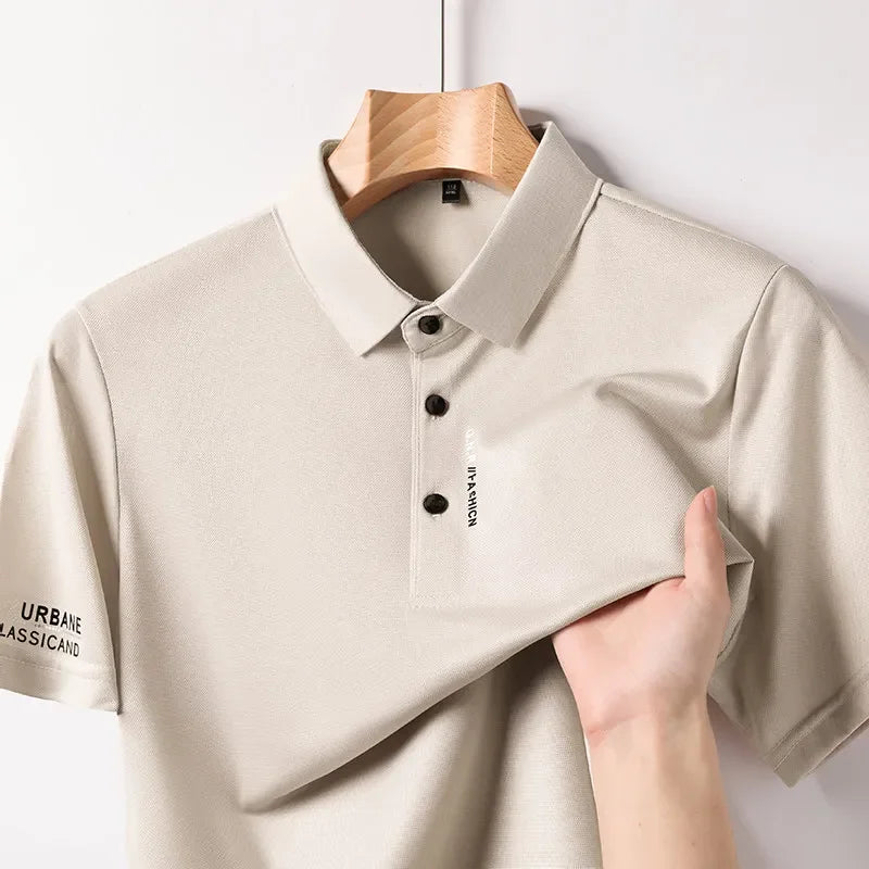Men's Business Casual Short Sleeved Shirt with Badge Solid Color Polo Shirt.