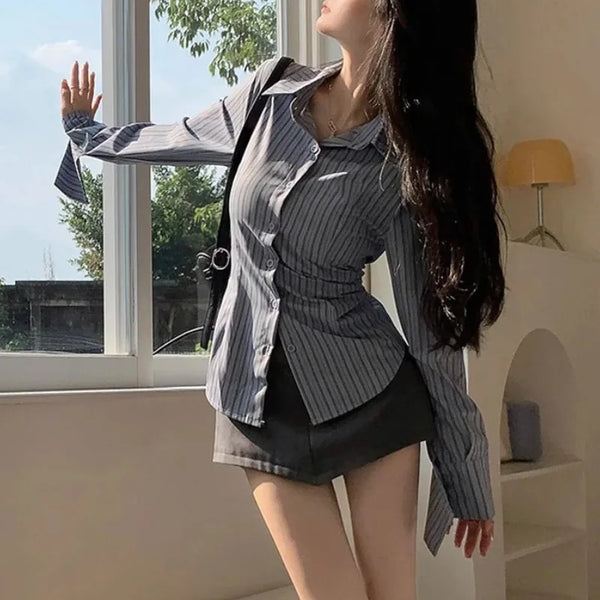 Korean New Blue Striped Long Sleeve Shirt Woman Office Buttons.