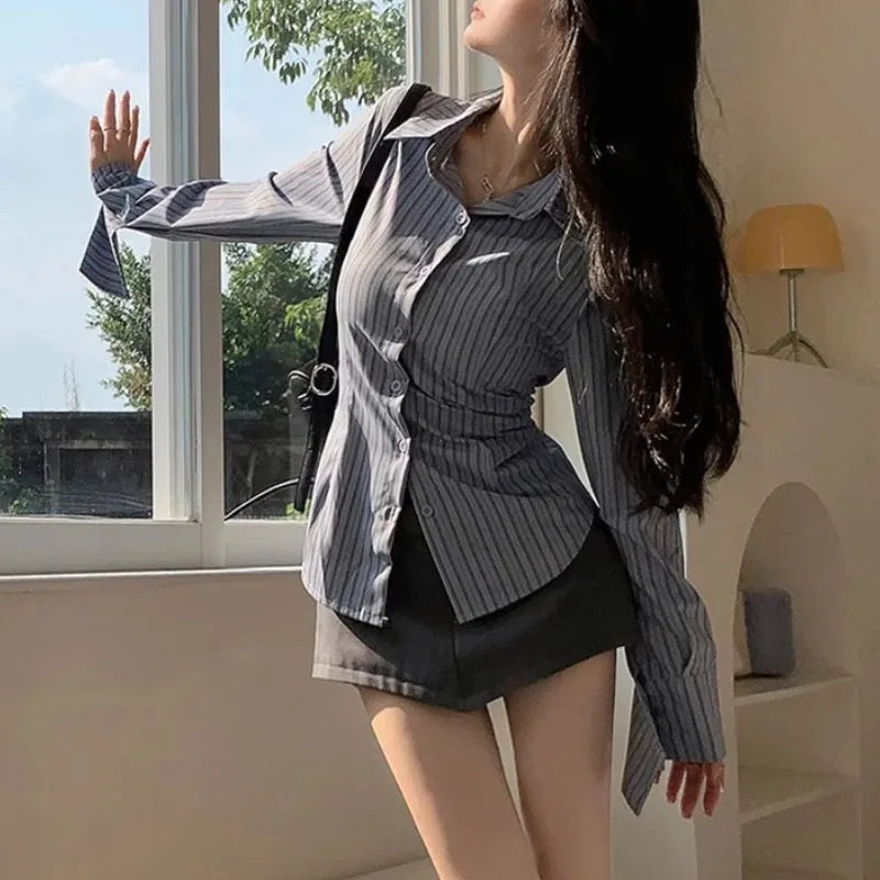 Korean New Blue Striped Long Sleeve Shirt Woman Office Buttons.
