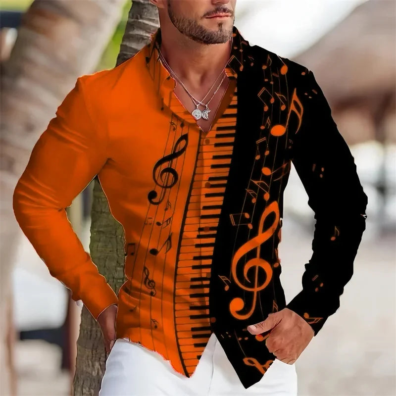 Summer Men's Long Sleeves Shirt with Musical Instrument Symbol Pattern Printed.