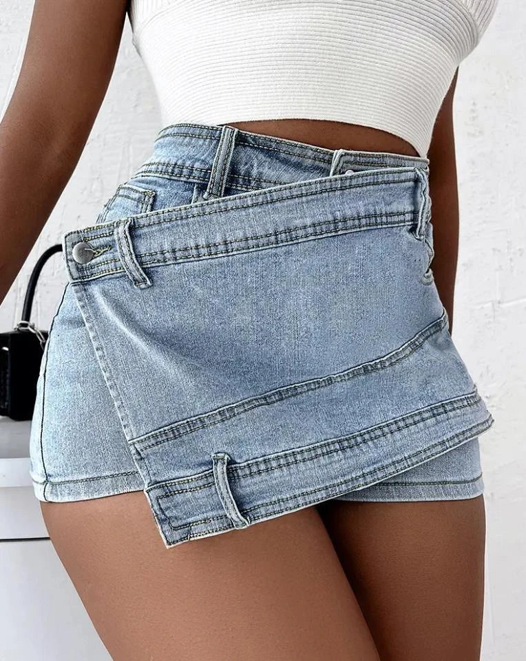 Fashion Irregular Splicing Women's Denim Shorts Summer High Waisted.