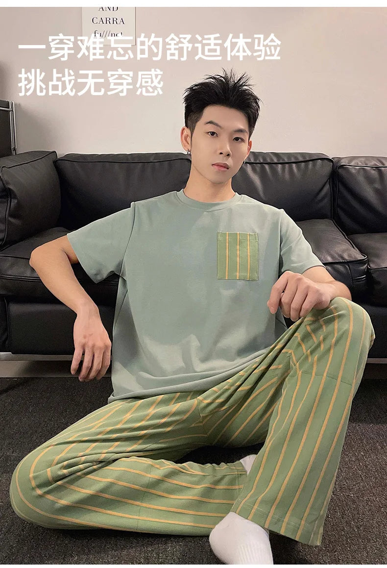 Summer Knitted Plaid Cool Mens Pyjamas Pajamas Casual Pjs Lounge Sets.