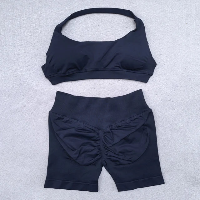 Shorts Set 2 Pieces Seamless Yoga Set Workout Tracksuit Women Halter Sport.