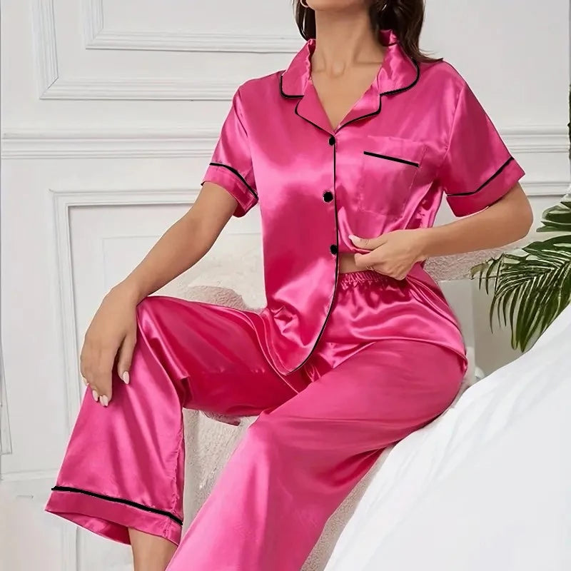 Women's Pajamas Sets Short Sleeve Buttons Top & Pants Sleepwear 2 Piece.