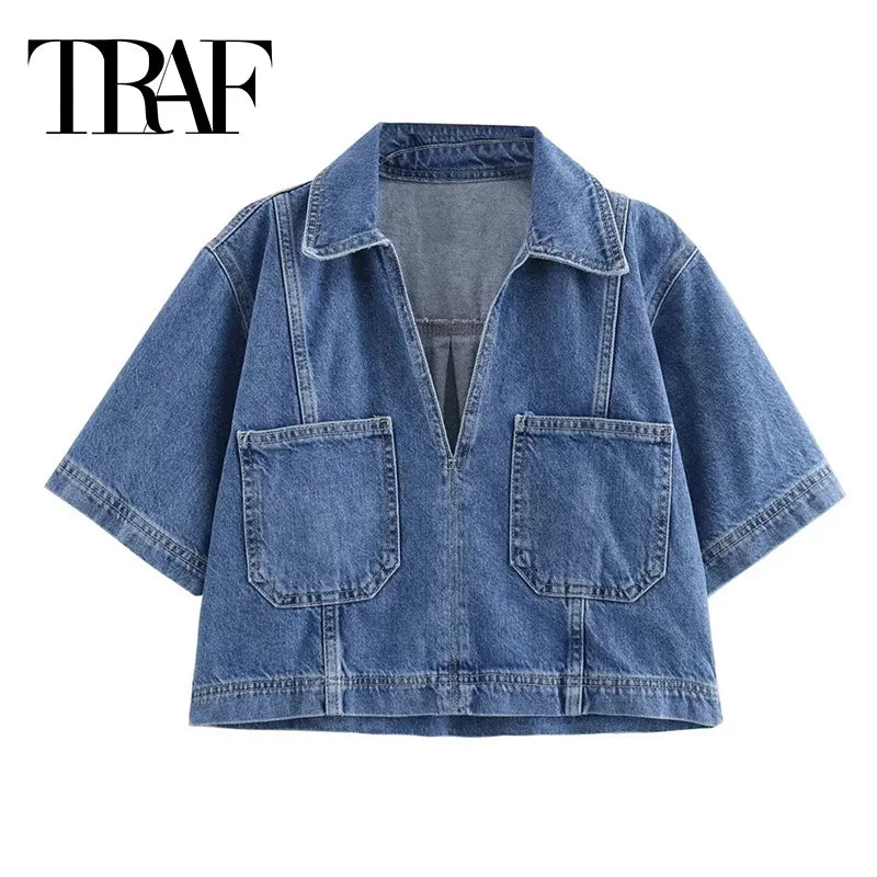MUJER Blue Denim Shirt Woman Short Sleeve Cropped Shirt Women Summer.
