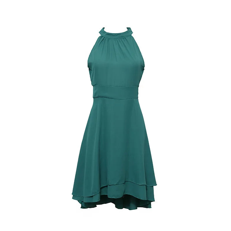 Women’s Elegant Dress Summer Solid High Waist Halter Sleeveless Midi Dresses.