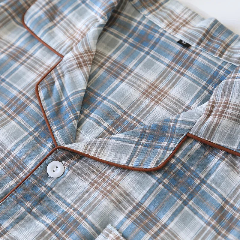 Men's Pajama Set Spring/Summer Checkered Simple Long sleeved Two Piece.