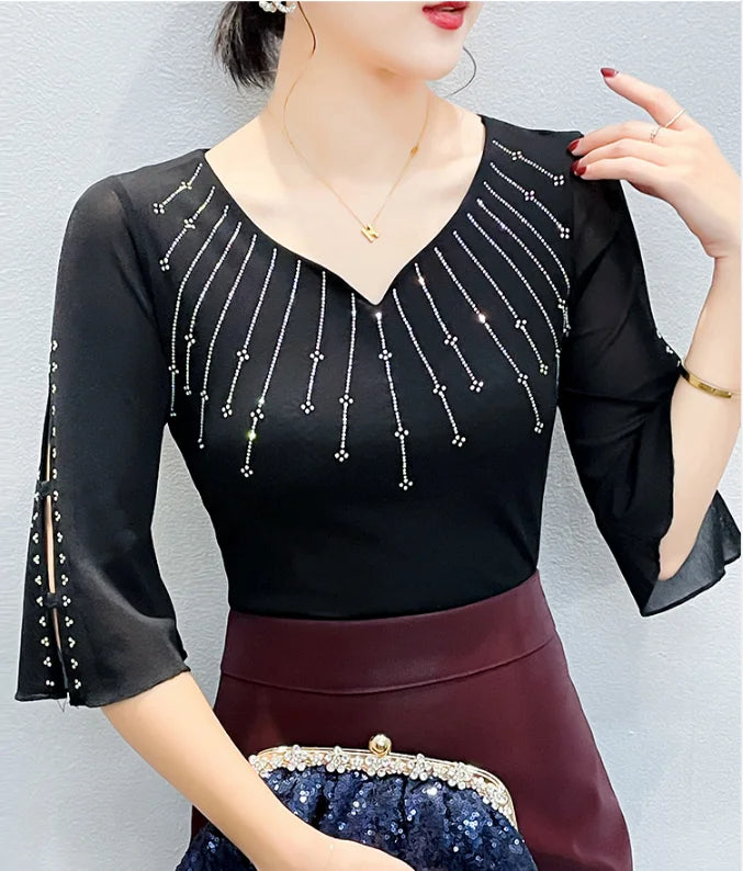 Summer Women Tops New Korean Fashion Diamond Mesh T Shirt V-neck.