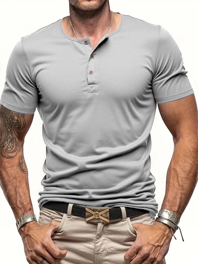 Summer Men's Solid Color Henley Shirt Light Breathable Short Sleeve Pull-on.