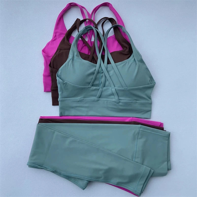 Solid Color Gym Fitness Set Tight Soft cross Fitness Bra 2pc compression.