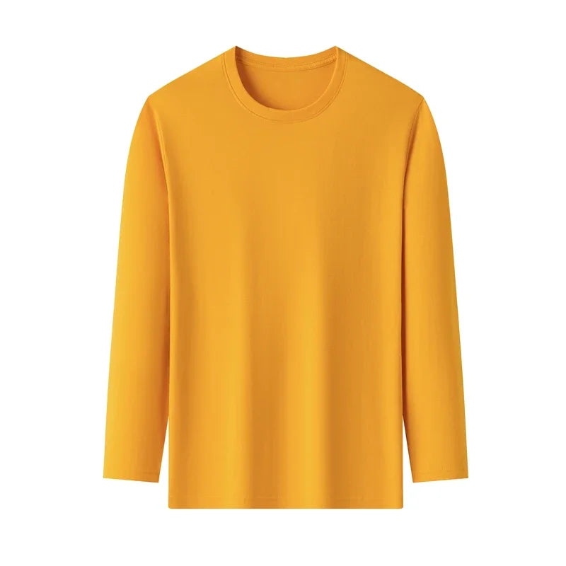 Men's Solid Color Round Neck Cotton Long Sleeved T-shirt.