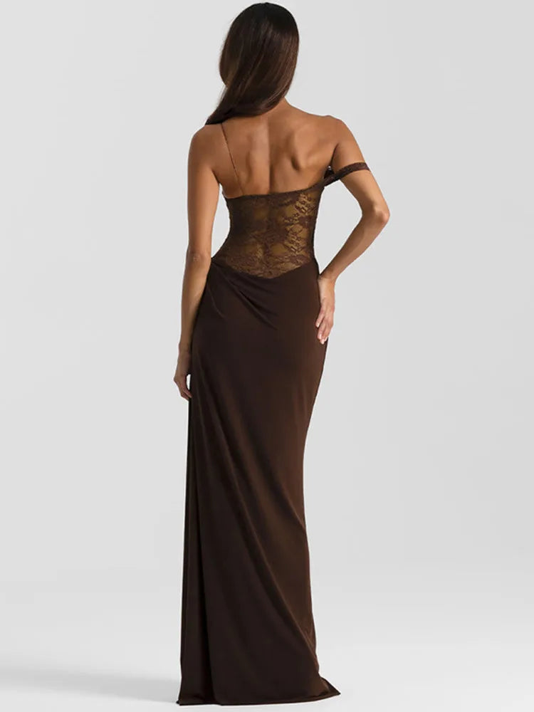 Women’s Mozision One Shoulder Lace See Through Sexy Maxi Dress.