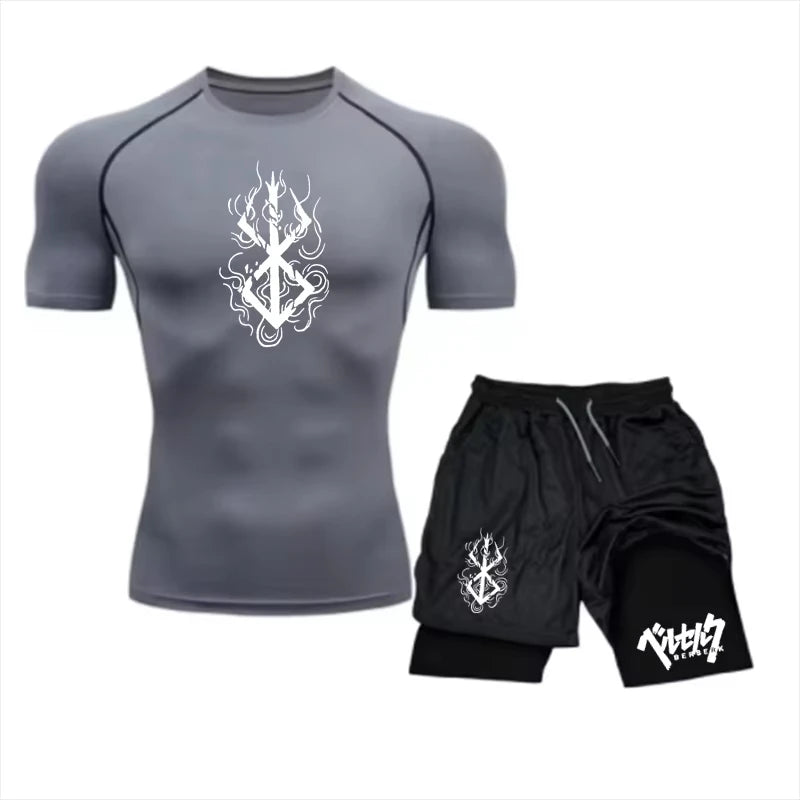 Men's Summer Gym Training Athletic Set - Short-Sleeve Compression Undershirt.
