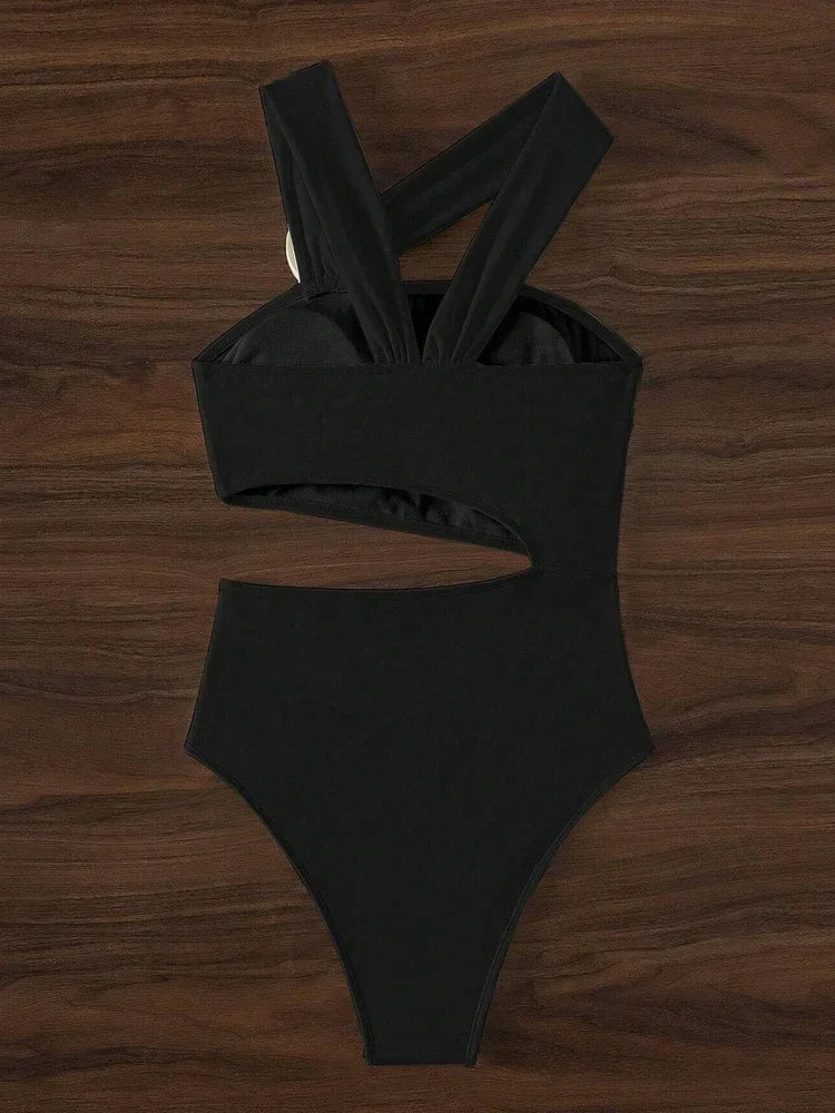 3D Flower Solid One-shoulder Swimwear Women Sexy Push UP Hollow One Piece.