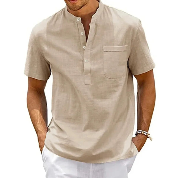 Cotton Linen Shirt Men Henley Neck Pocket Casual Beach Short Sleeve.