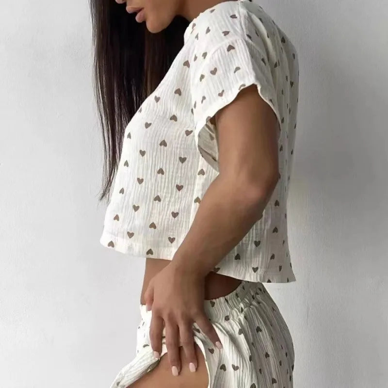 Women Pajamas Set Summer Thin Love Print Crepe Pure Cotton.
